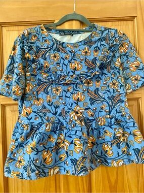 Zara Trafaluc Mixed Media Floral Peplum Top Blue Boho Babydoll Medium